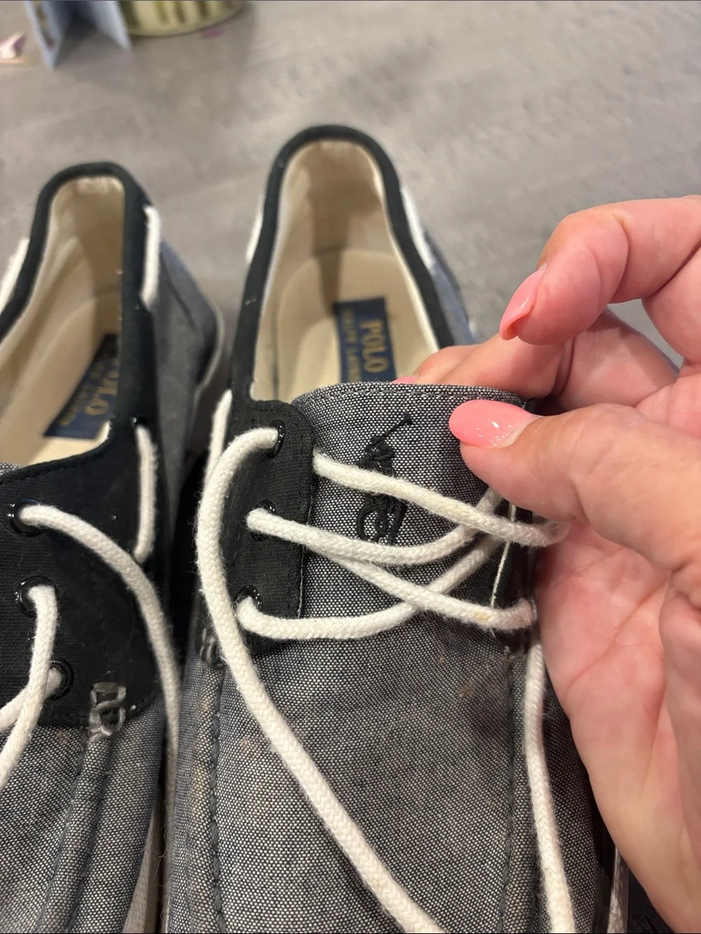 Polo by Ralph Lauren Denim like canvas and Navy Trim Boat Shoes with White Laces